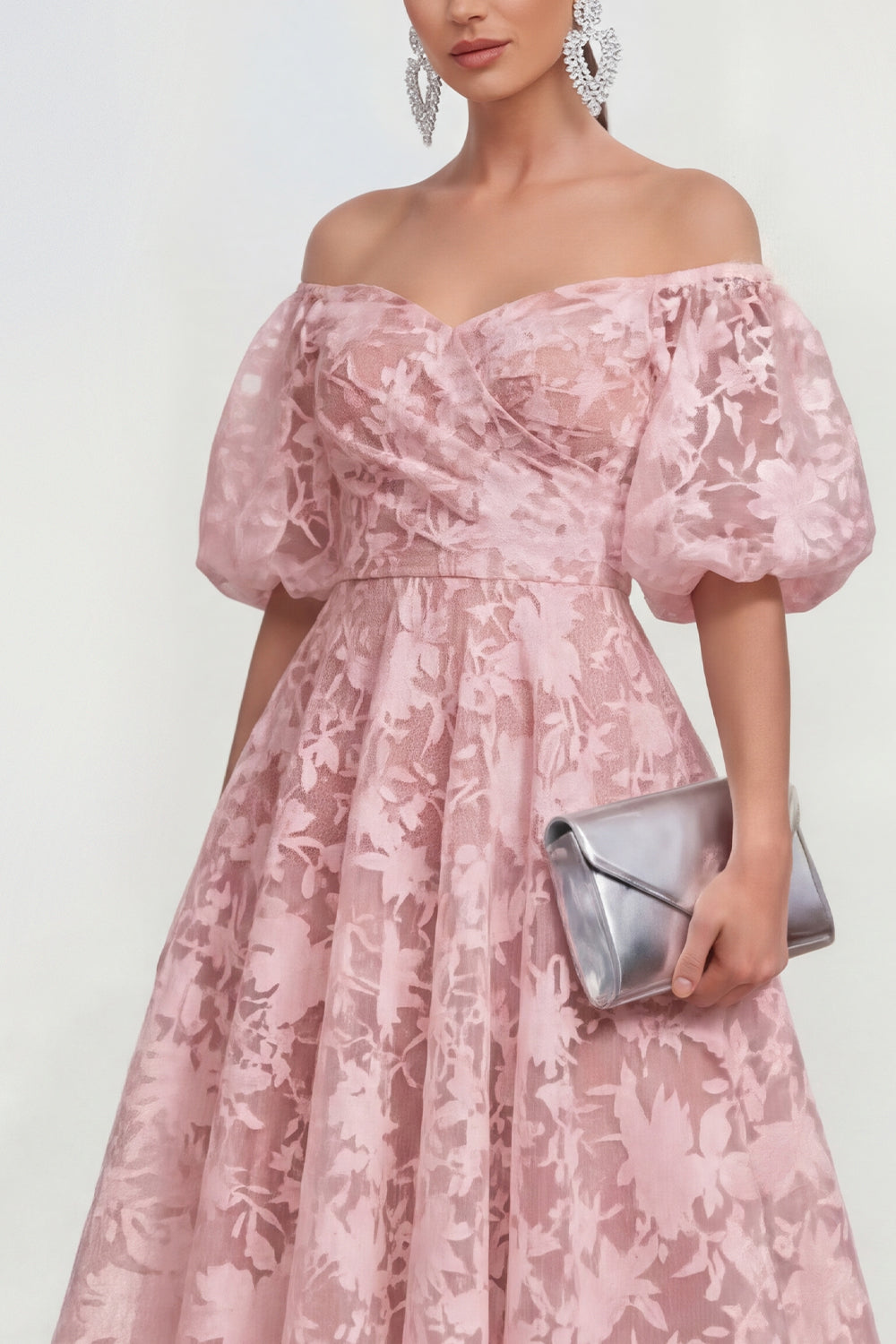 Pink Floral A Line Puff Sleeves Long Wedding Guest Dress