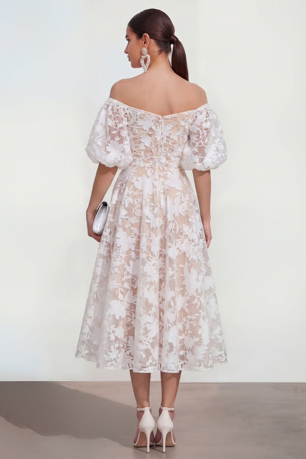 Pink Floral A Line Puff Sleeves Long Wedding Guest Dress