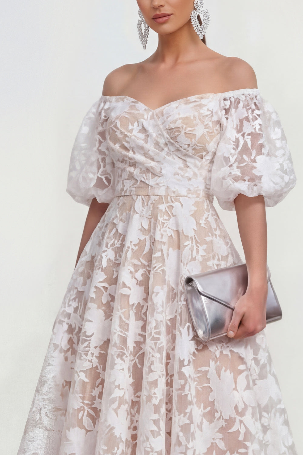 Pink Floral A Line Puff Sleeves Long Wedding Guest Dress