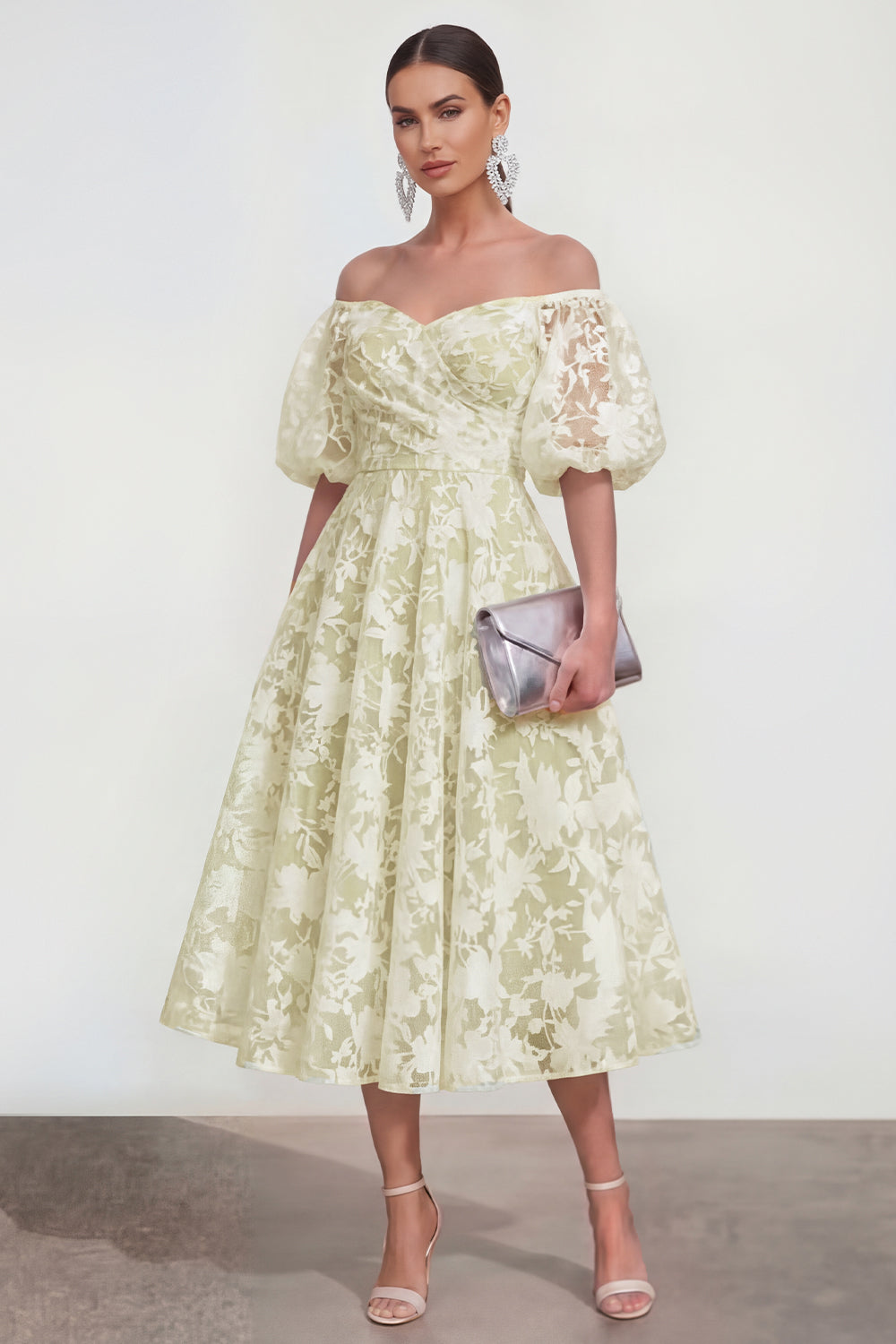 Pink Floral A Line Puff Sleeves Long Wedding Guest Dress