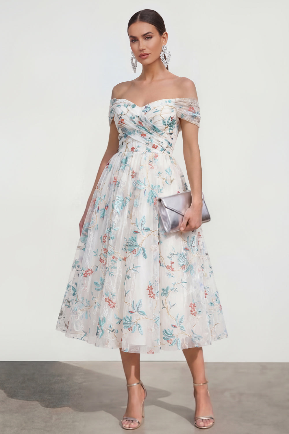 White Blue Flower Off the Shoulder A Line Ruched Long Wedding Guest Dress