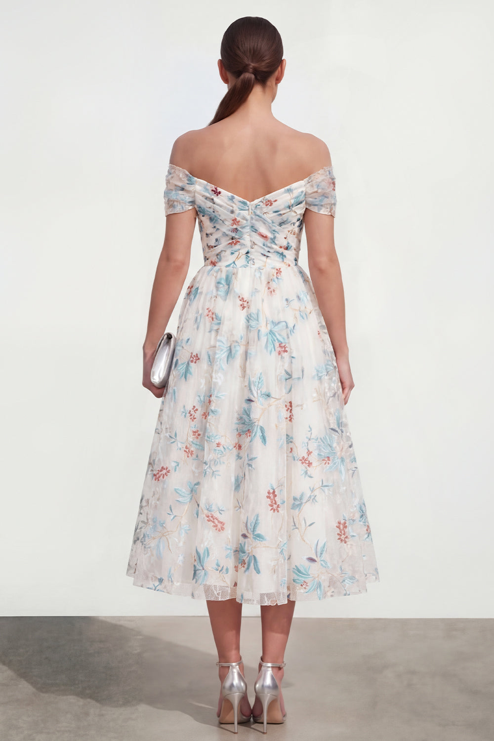 White Blue Flower Off the Shoulder A Line Ruched Long Wedding Guest Dress