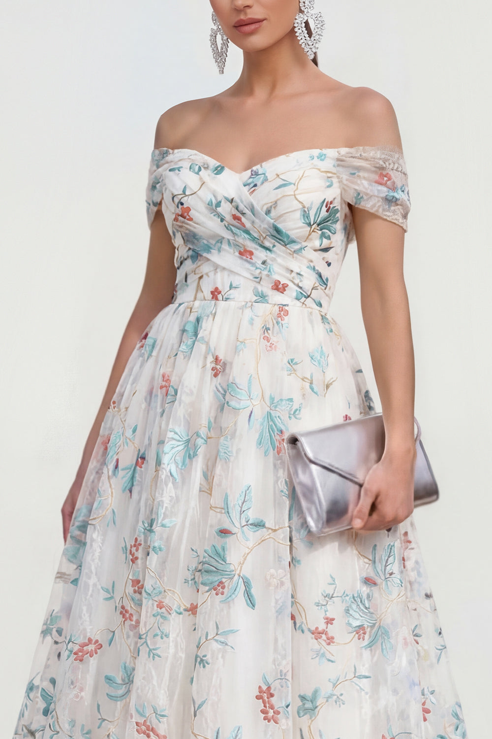White Blue Flower Off the Shoulder A Line Ruched Long Wedding Guest Dress