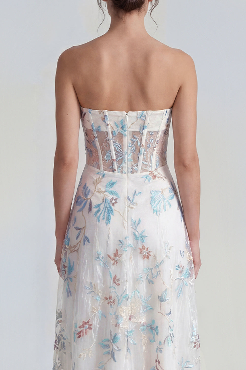 White Blue Flower Strapless Ruffled Corset A Line High Low Wedding Guest Dress