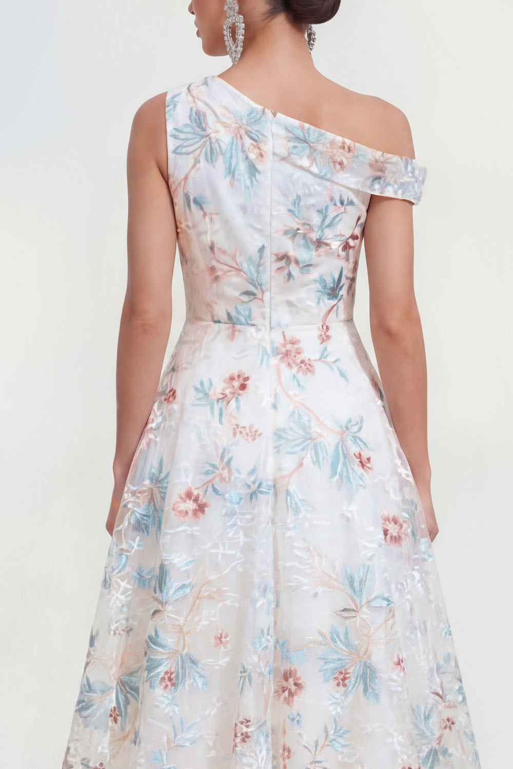 White Blue Flower A Line One Shoulder Long Wedding Guest Dress