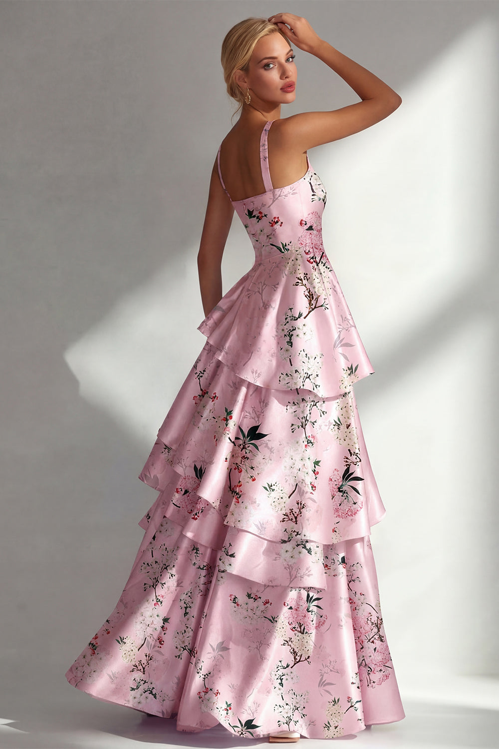 Pink A Line Floral Square Neck Ruffled Long Wedding Guest Dress