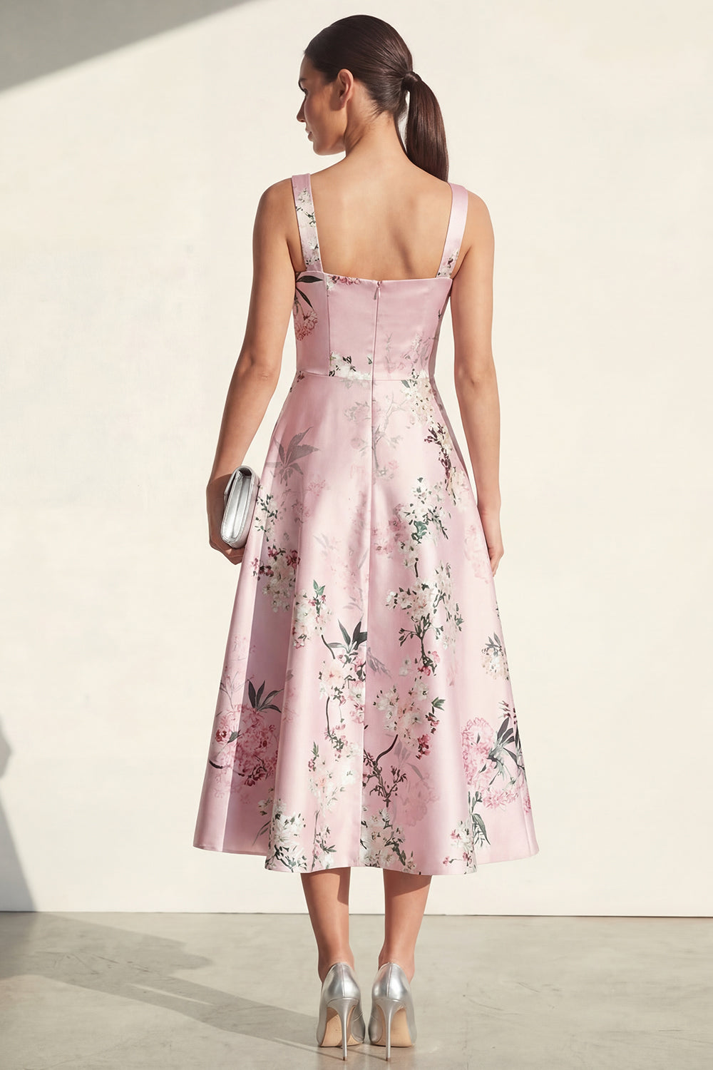 Pink Floral A Line Thick Straps Long Wedding Guest Dress