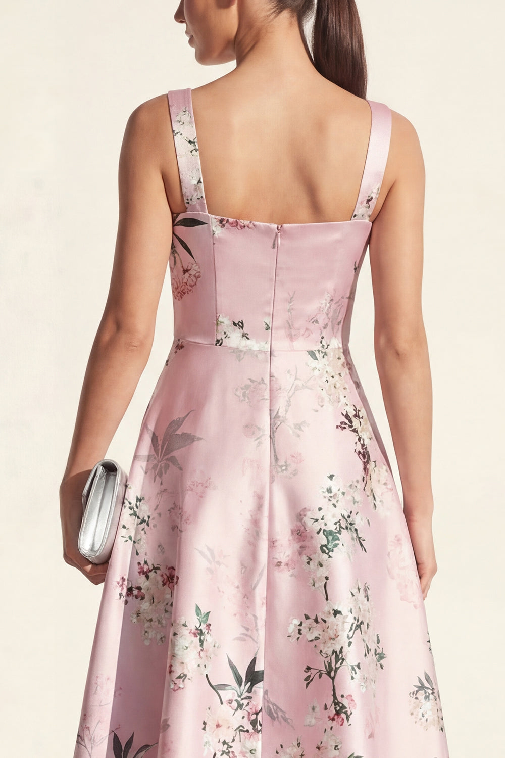 Pink Floral A Line Thick Straps Long Wedding Guest Dress