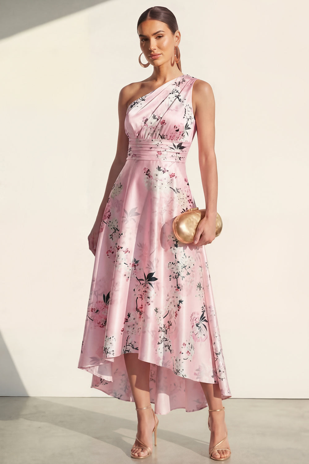Pink One Shoulder A Line Floral High Low Wedding Guest Dress