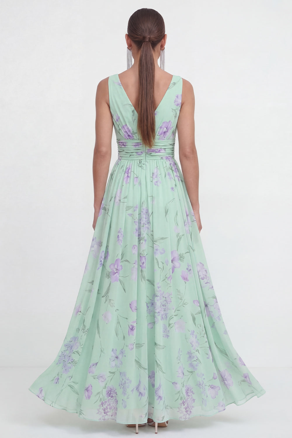 A Line Green Purple Flower Ruched Maxi Wedding Guest Dress