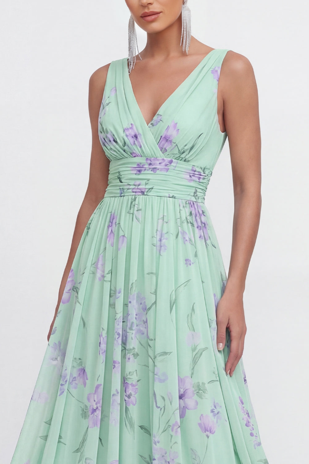 A Line Green Purple Flower Ruched Maxi Wedding Guest Dress