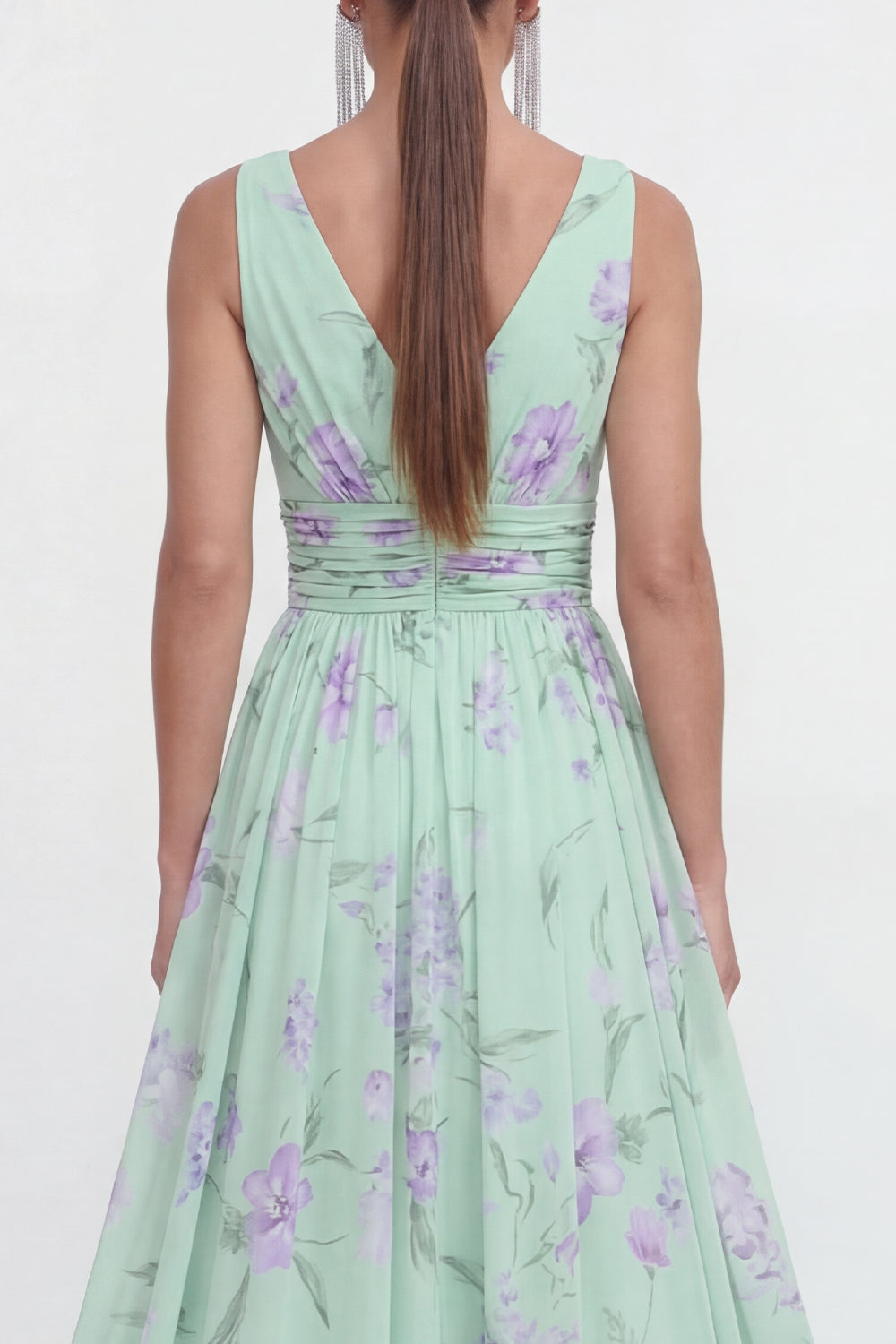 A Line Green Purple Flower Ruched Maxi Wedding Guest Dress