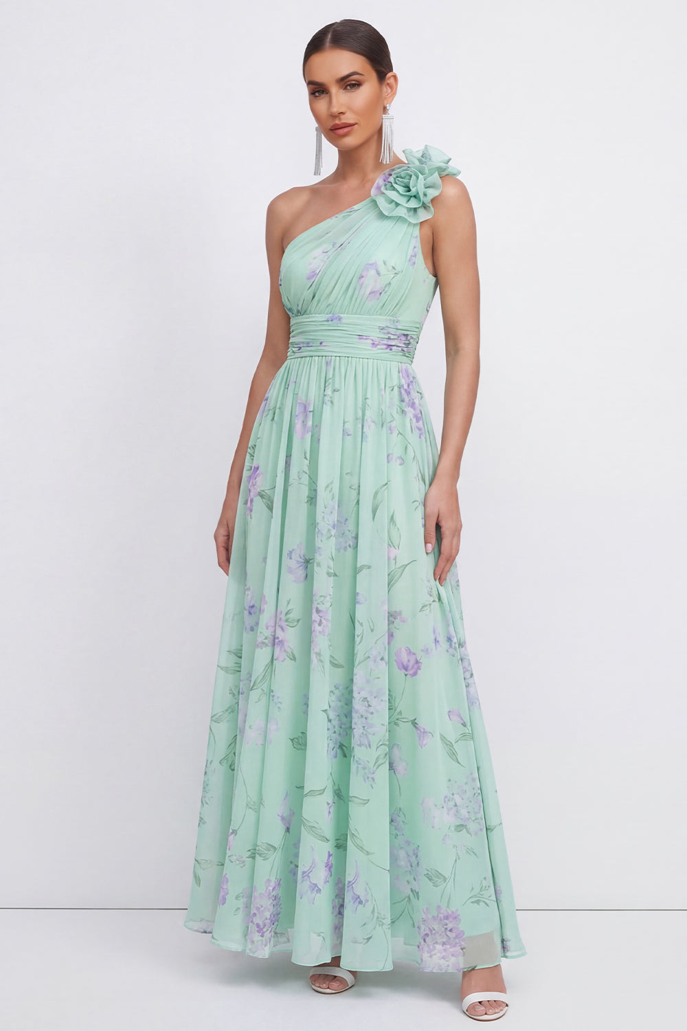 Green Purple Flower A Line Ruched Maxi Beach Wedding Guest Dress