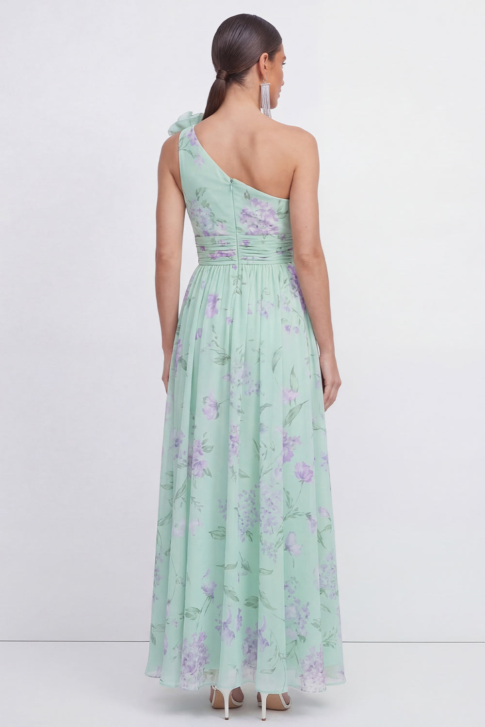 Green Purple Flower A Line Ruched Maxi Beach Wedding Guest Dress
