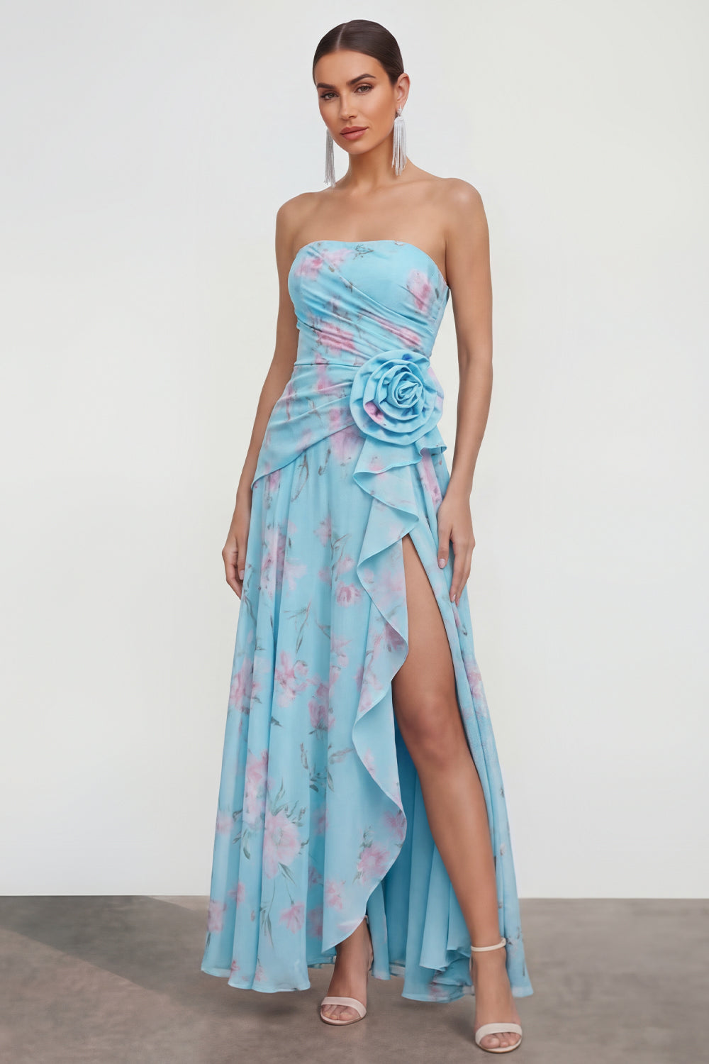 Blue Pink Strapless Floral A Line Maxi Beach Wedding Guest Dress with Slit