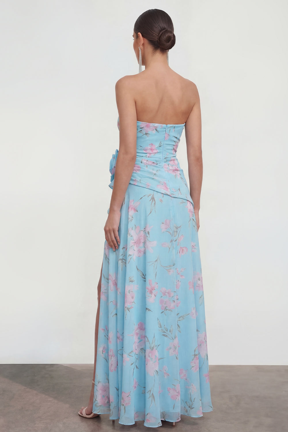 Blue Pink Strapless Floral A Line Maxi Beach Wedding Guest Dress with Slit