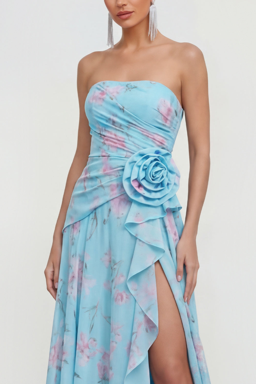 Blue Pink Strapless Floral A Line Maxi Beach Wedding Guest Dress with Slit