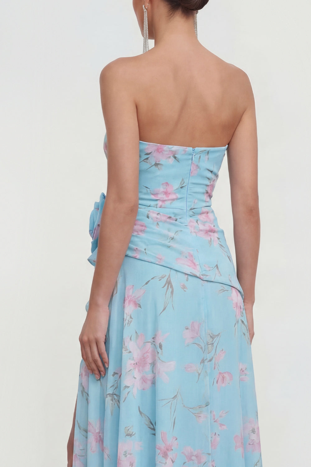 Blue Pink Strapless Floral A Line Maxi Beach Wedding Guest Dress with Slit