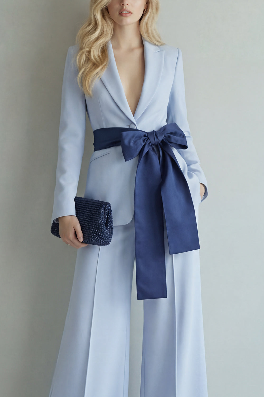 2 Piece Light Blue Peak Lapel Wide Leg Business Suits with Bow