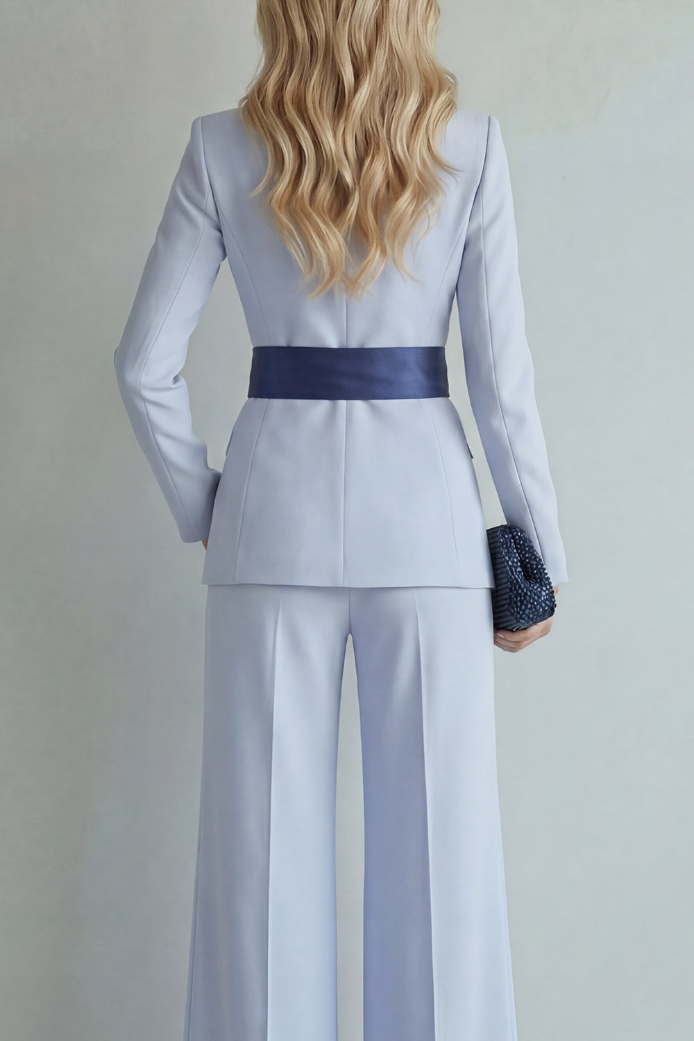 2 Piece Light Blue Peak Lapel Wide Leg Business Suits with Bow