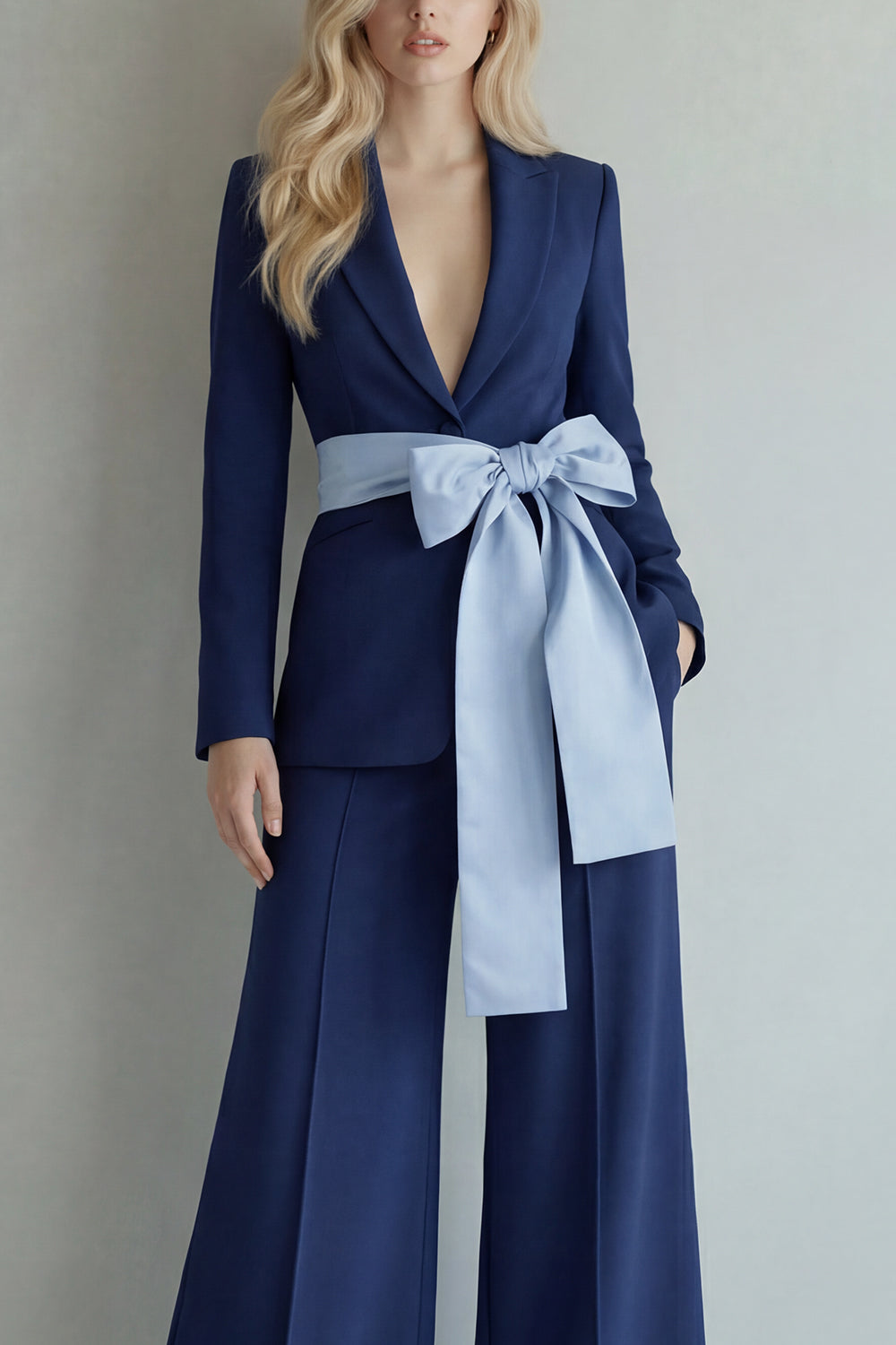 2 Piece Light Blue Peak Lapel Wide Leg Business Suits with Bow