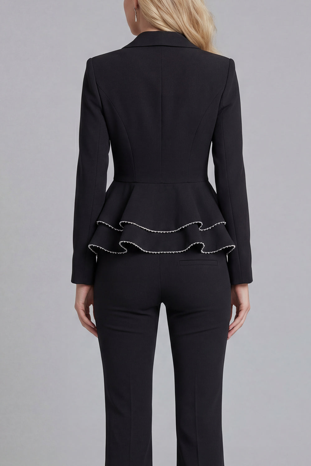 Black2 Piece Notched Lapel Double Breasted Ruffled Long Sleeves Business Suits