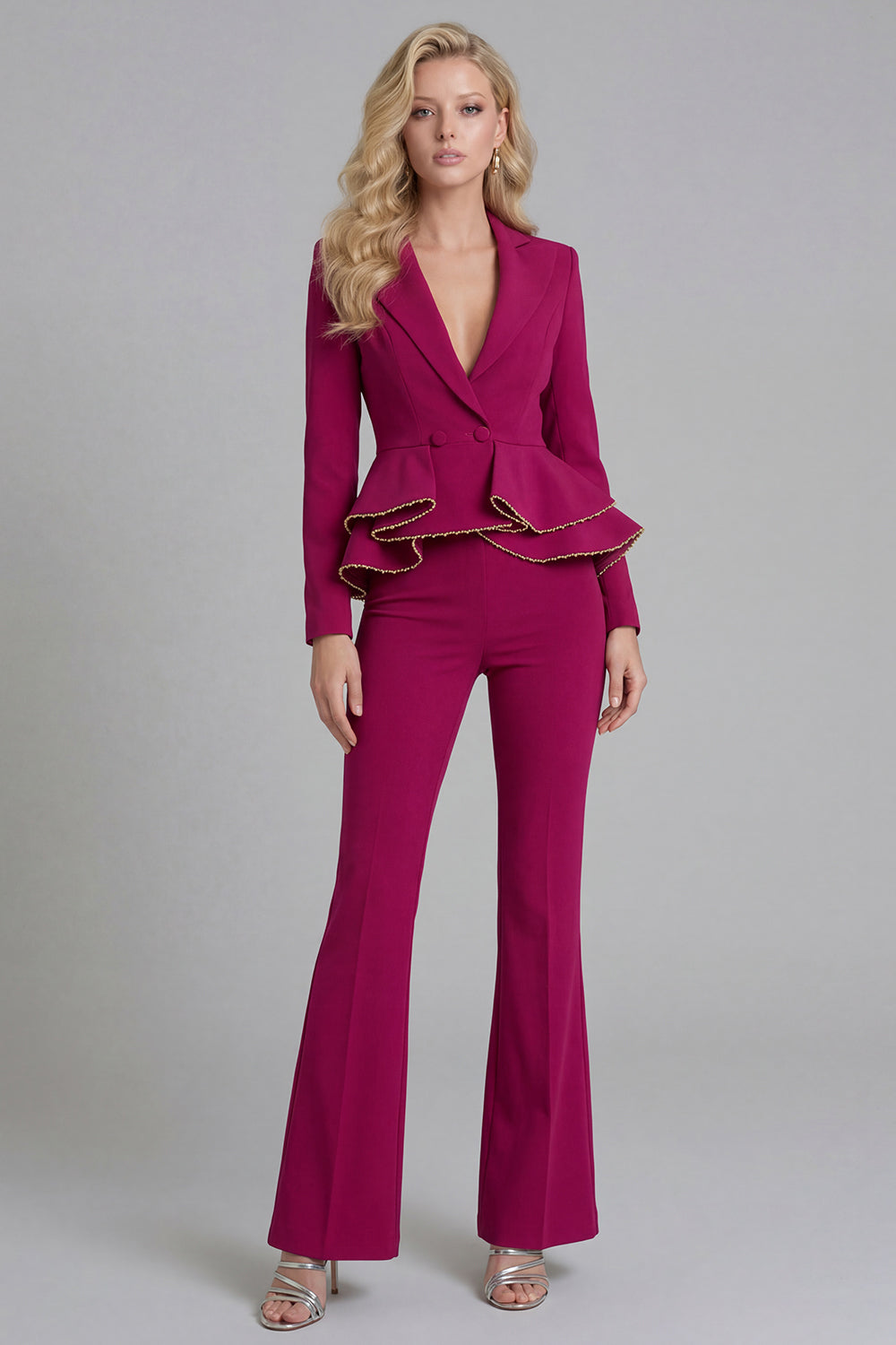 Black2 Piece Notched Lapel Double Breasted Ruffled Long Sleeves Business Suits