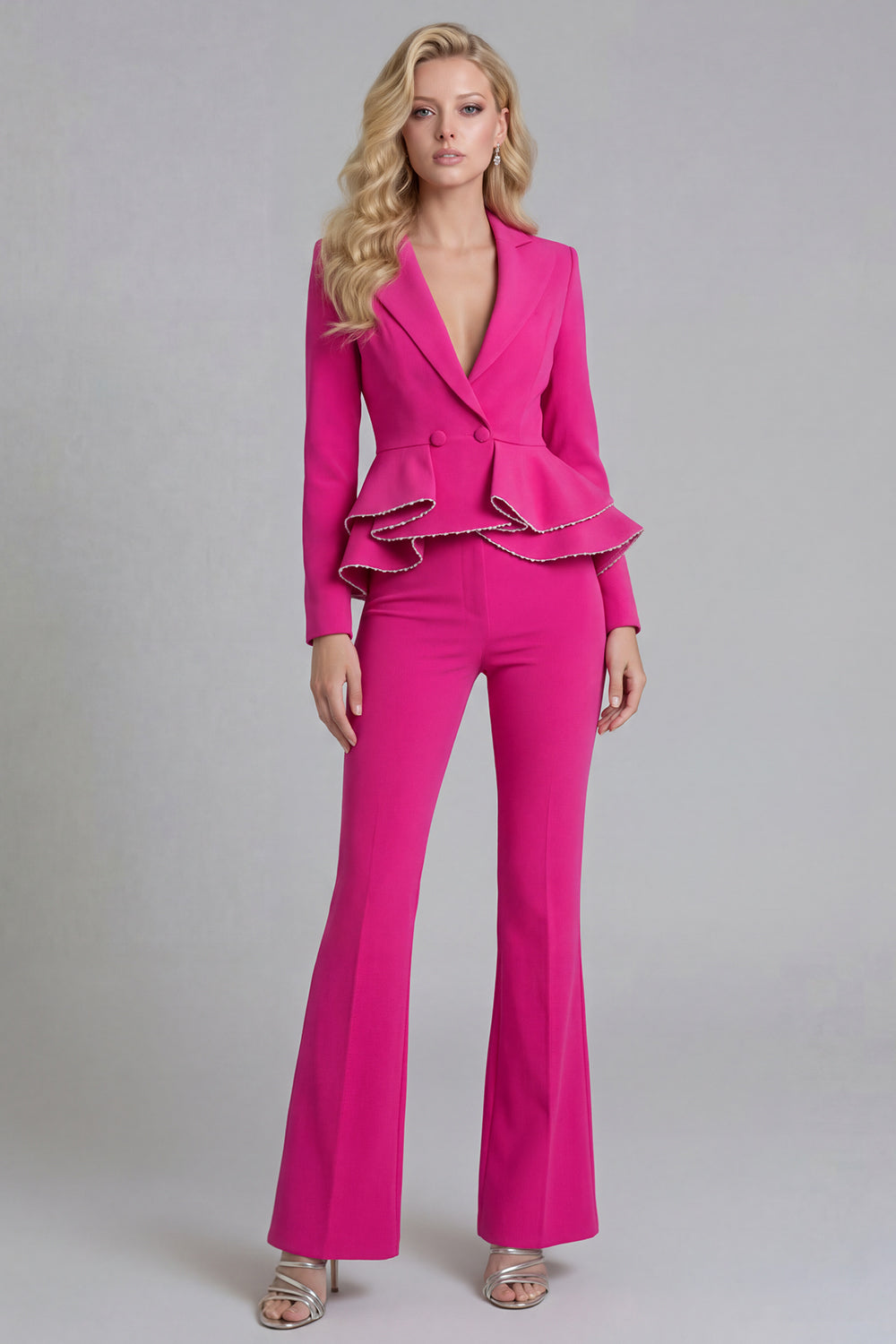 Black2 Piece Notched Lapel Double Breasted Ruffled Long Sleeves Business Suits