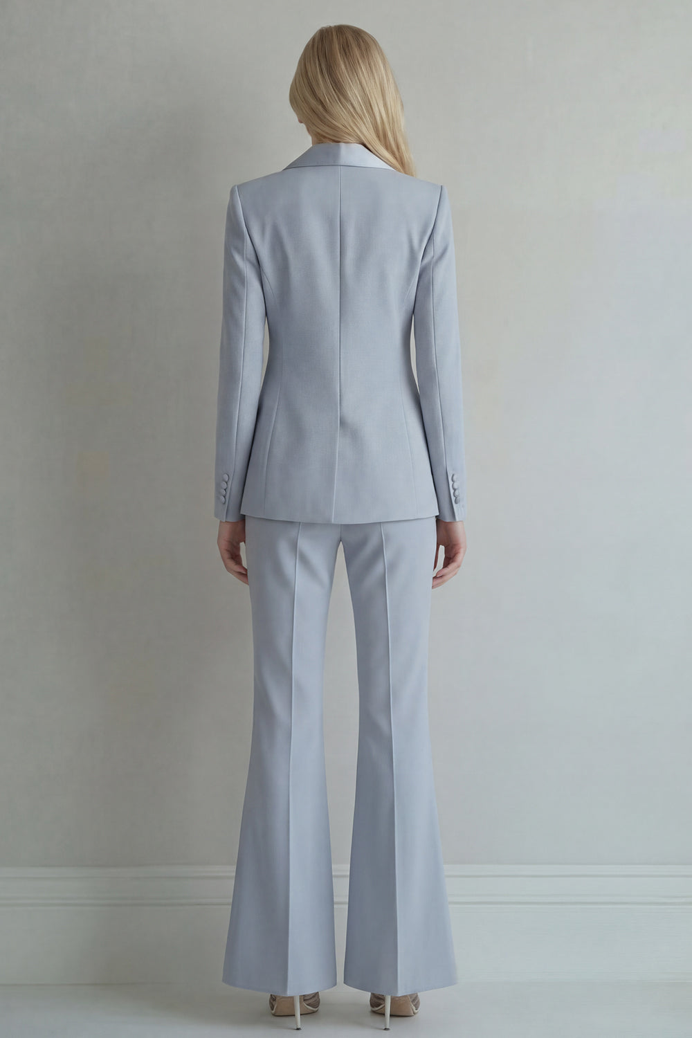 Peak Lapel Blue 2 Piece Wide Leg Double Breasted Business Suits with Pockets