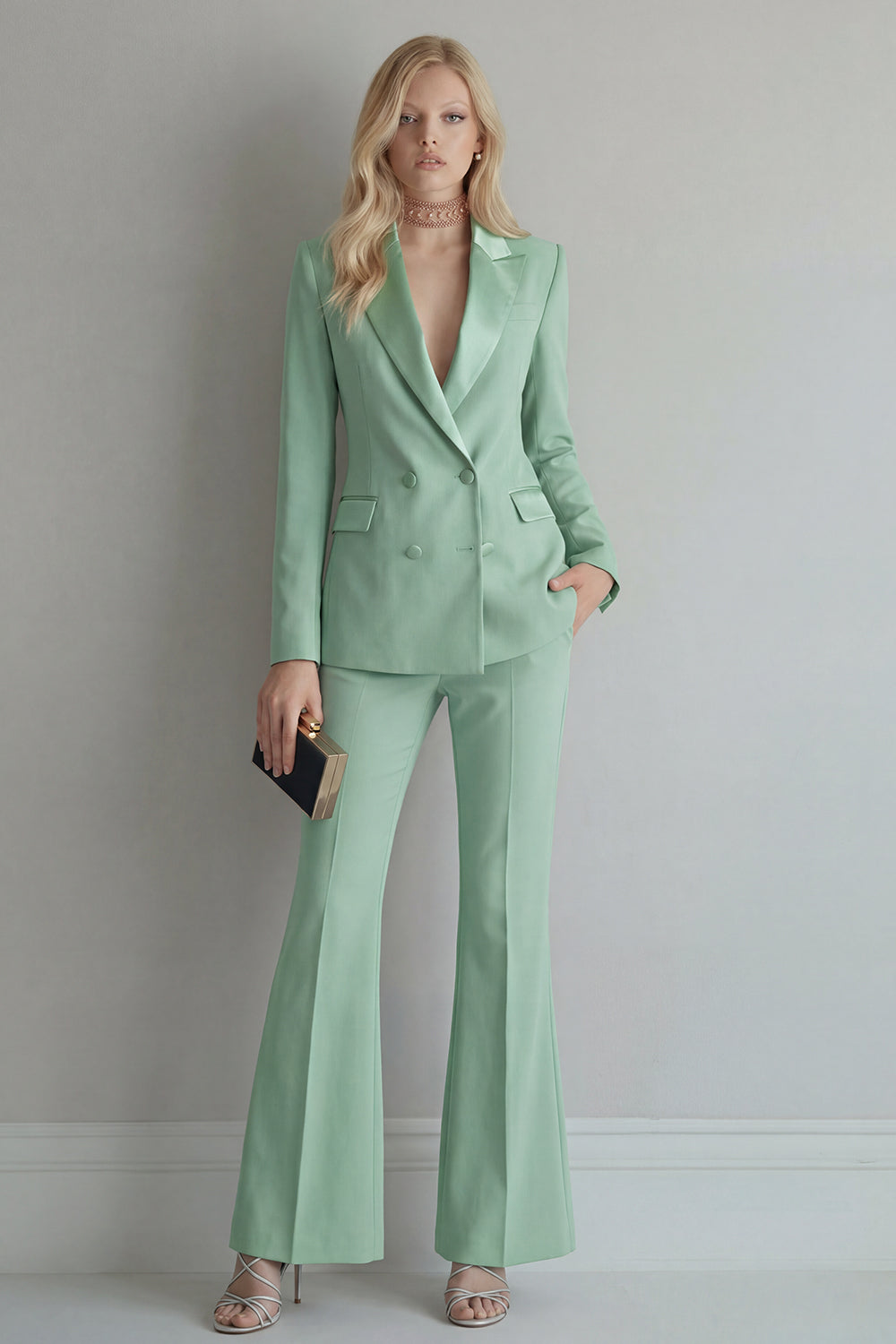 Peak Lapel Blue 2 Piece Wide Leg Double Breasted Business Suits with Pockets