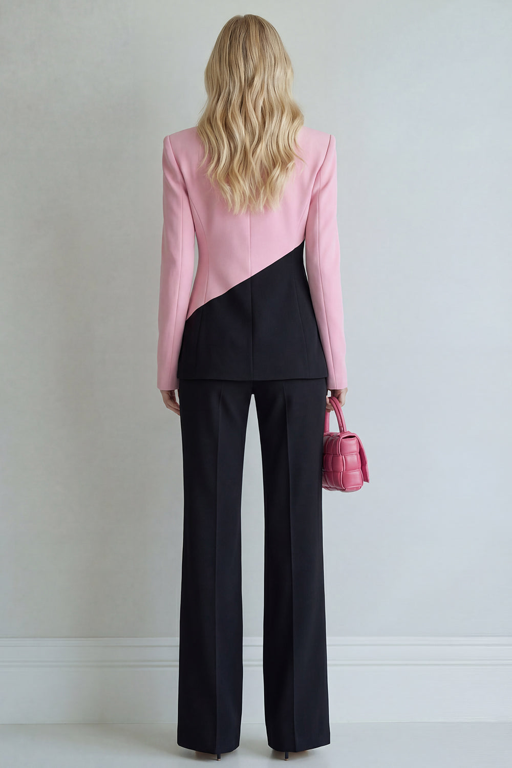 2 Piece Black Pink Single Breasted Notched Lapel Patchwork Business Suits