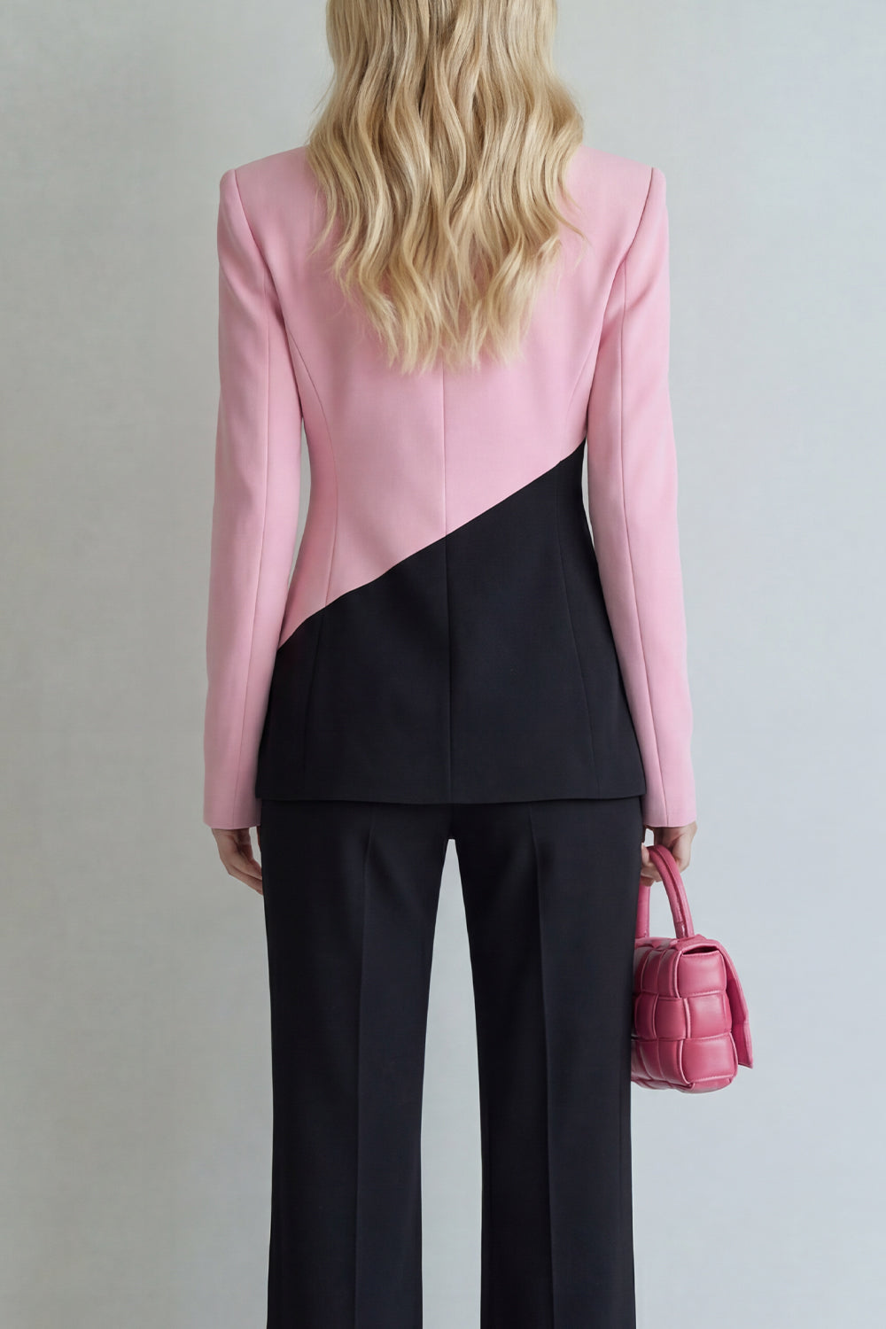 2 Piece Black Pink Single Breasted Notched Lapel Patchwork Business Suits