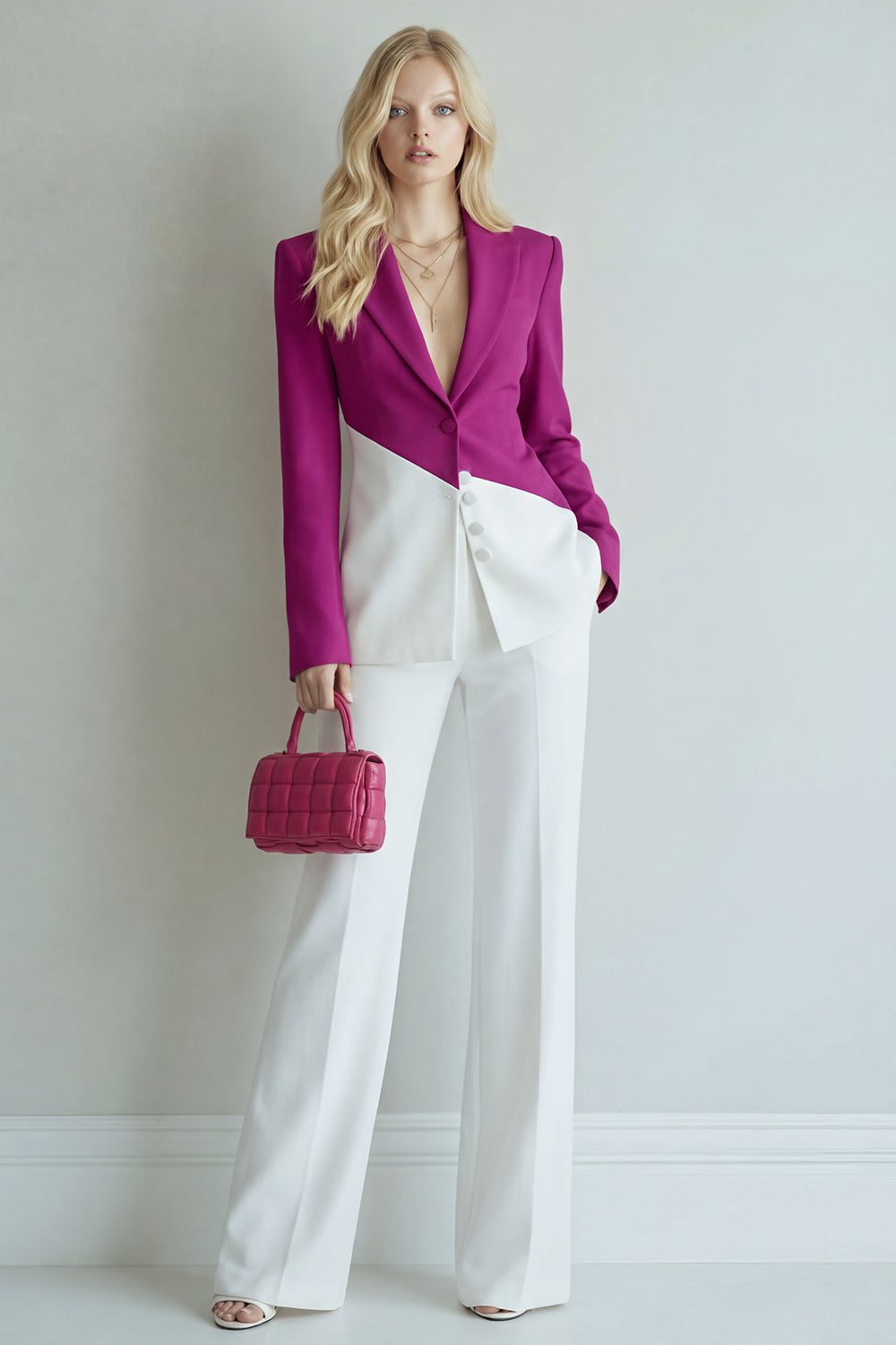 2 Piece Black Pink Single Breasted Notched Lapel Patchwork Business Suits