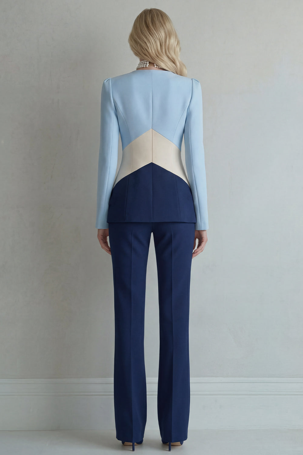 Blue Navy Single Breasted 2 Piece Cut Out Patchwork Business Suits