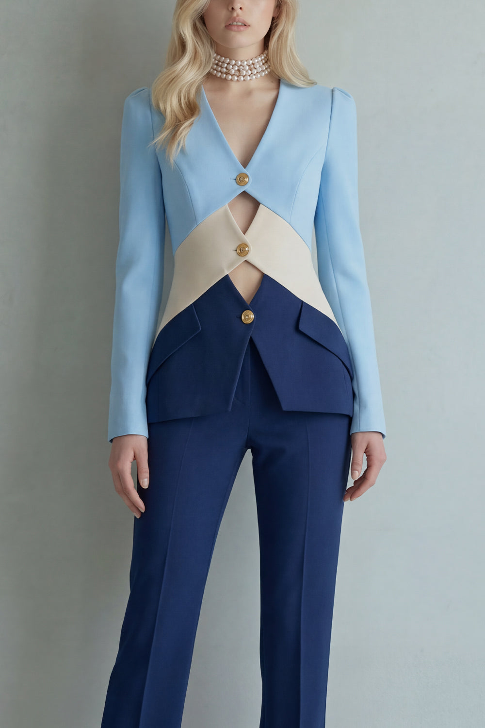 Blue Navy Single Breasted 2 Piece Cut Out Patchwork Business Suits