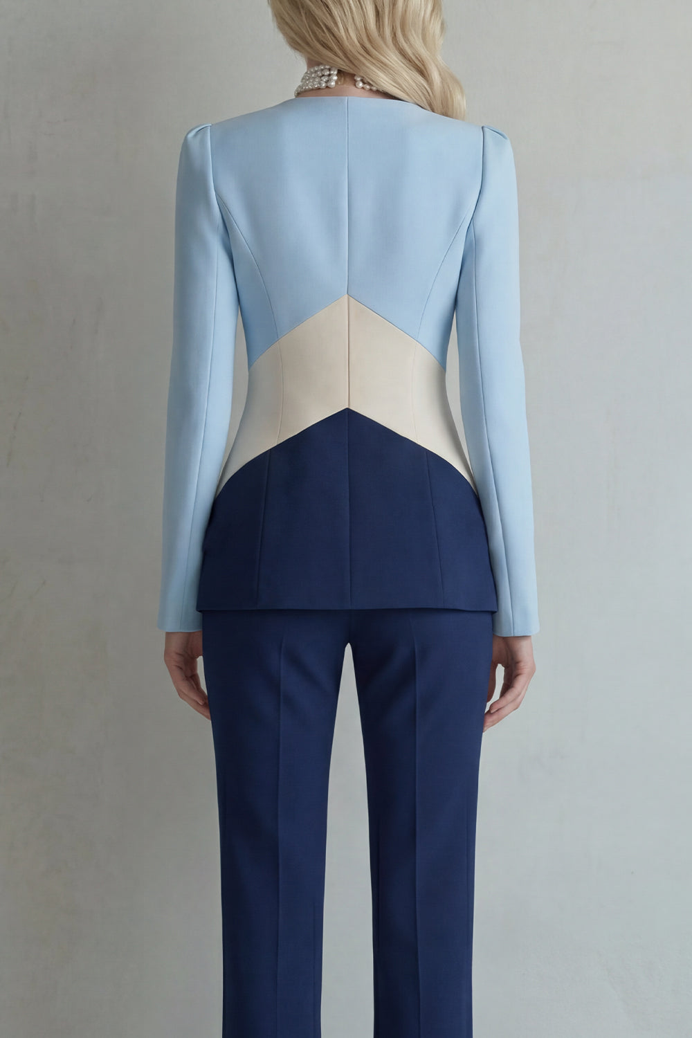 Blue Navy Single Breasted 2 Piece Cut Out Patchwork Business Suits