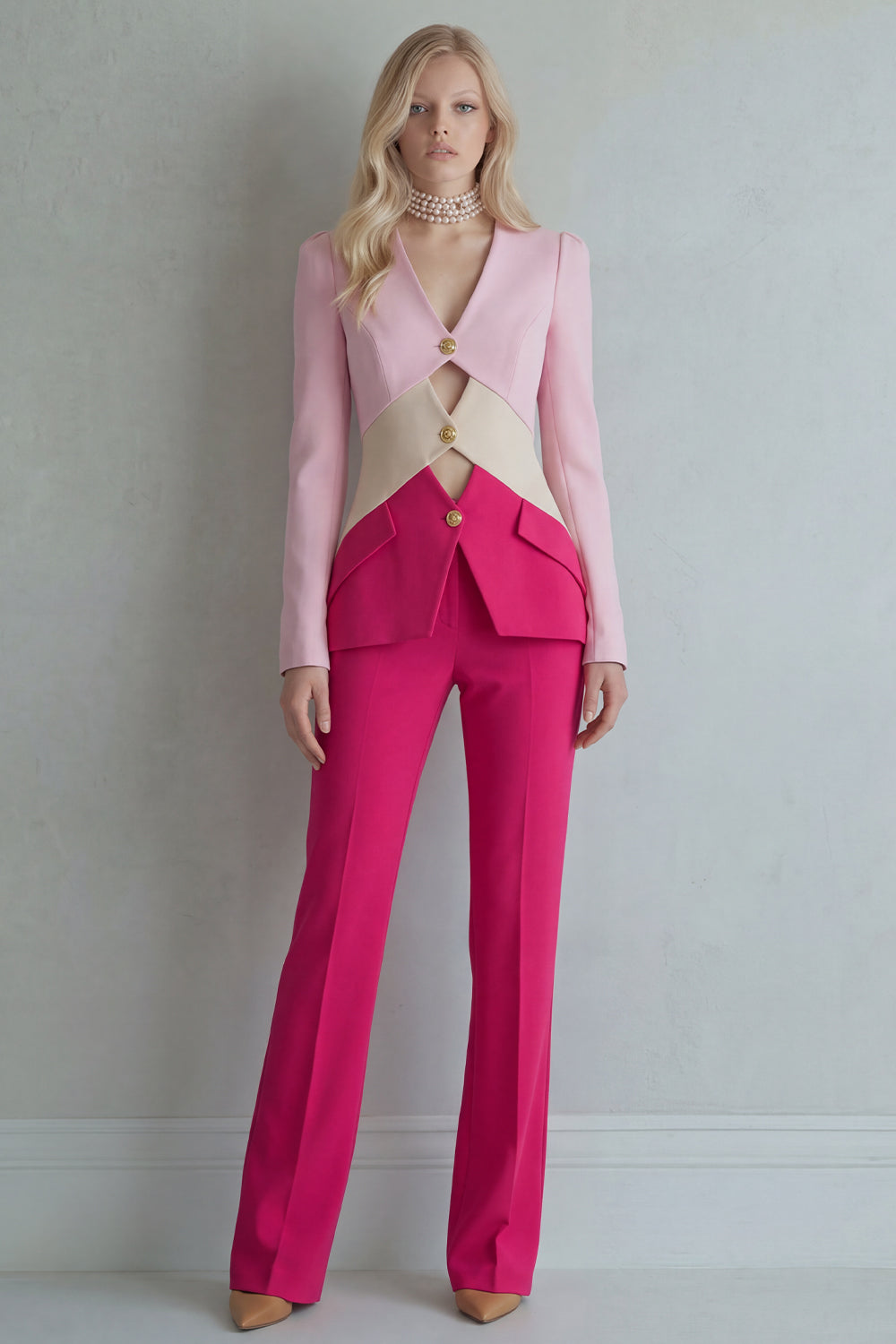 Blue Navy Single Breasted 2 Piece Cut Out Patchwork Business Suits