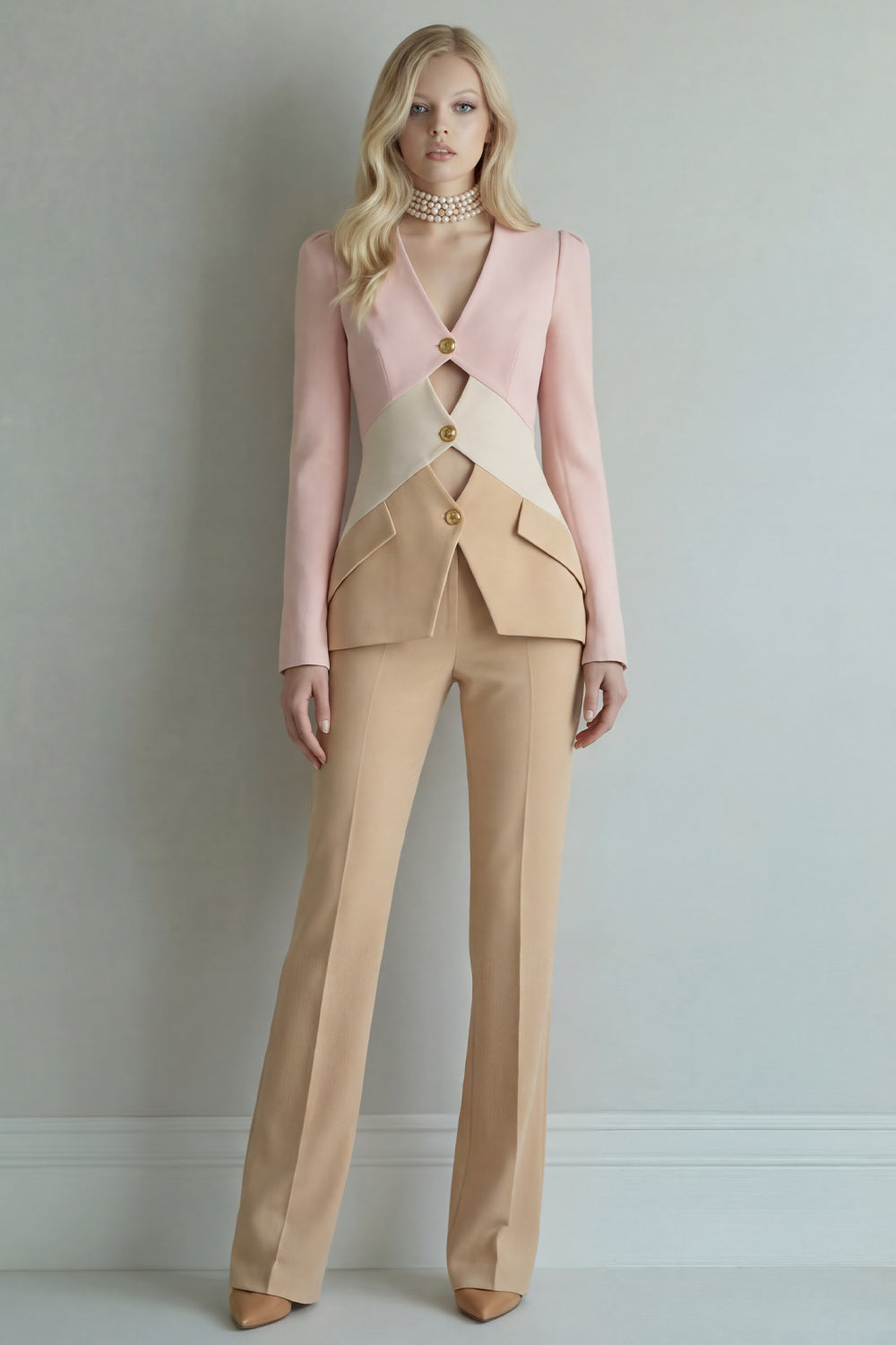 Blue Navy Single Breasted 2 Piece Cut Out Patchwork Business Suits