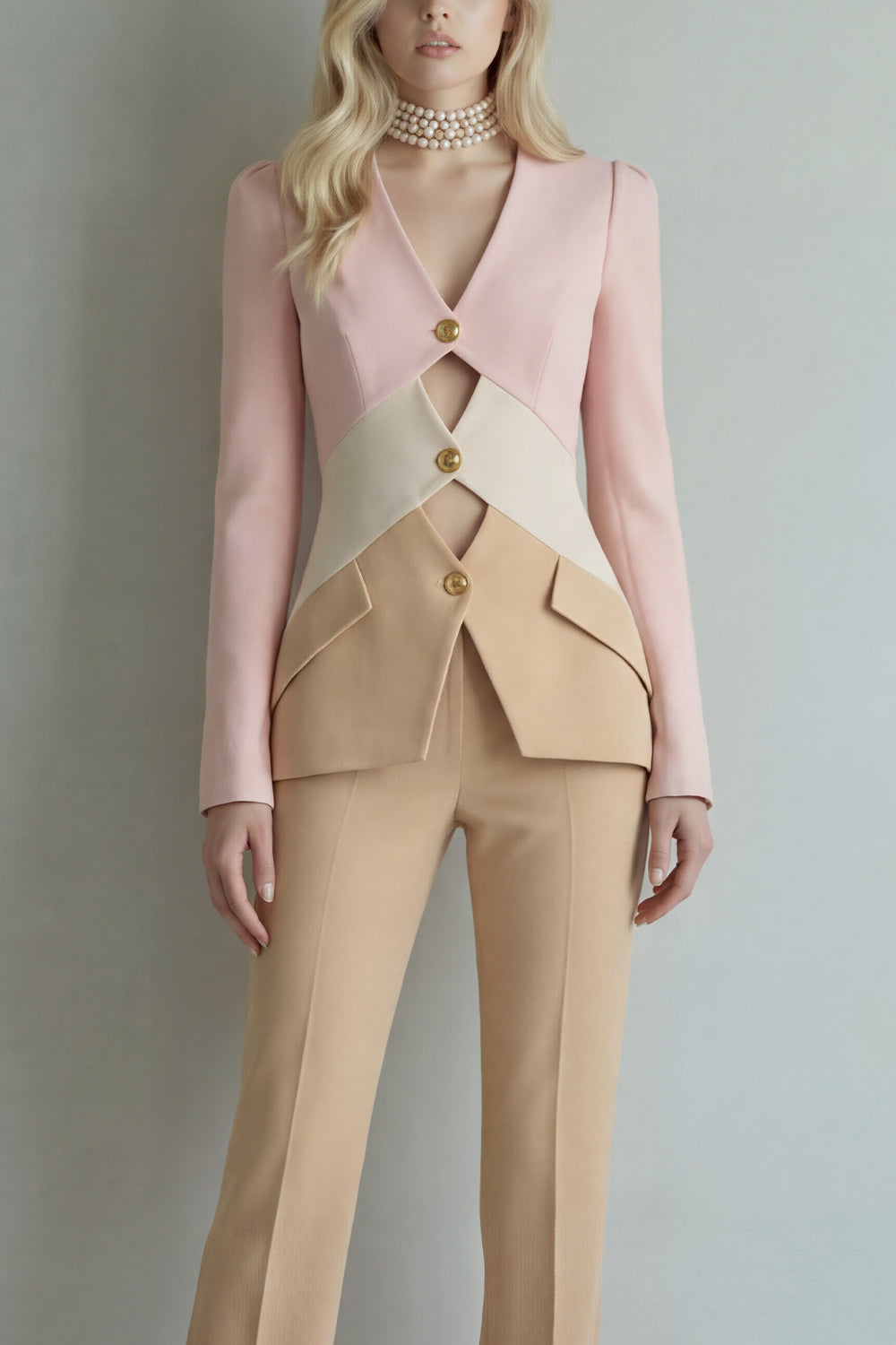 Blue Navy Single Breasted 2 Piece Cut Out Patchwork Business Suits