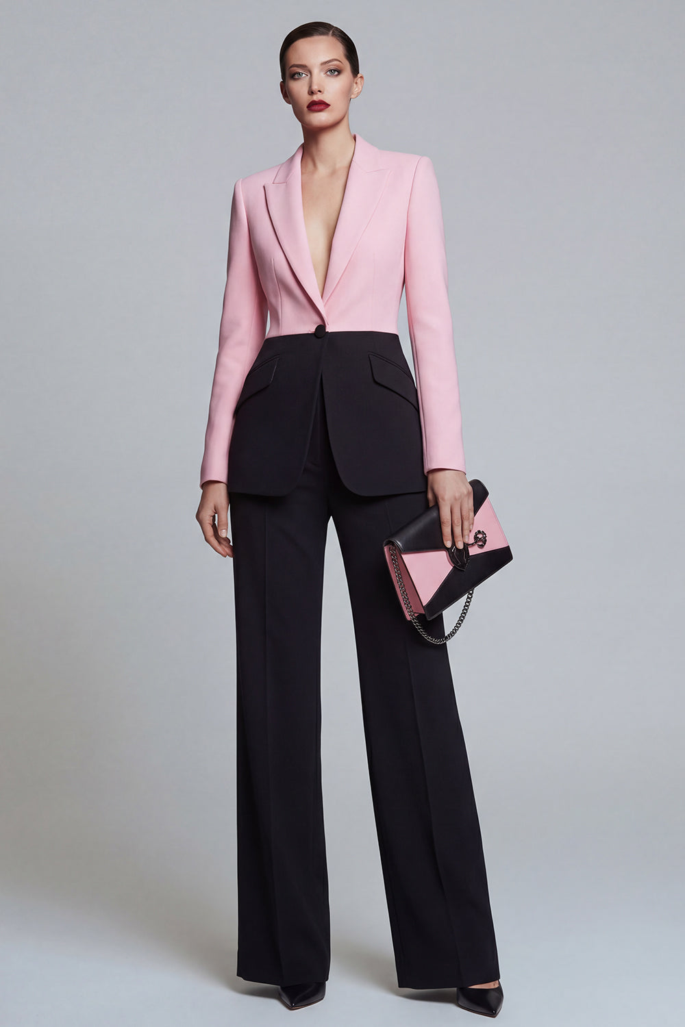 2 Piece Peak Lapel Black Pink Patchwork Single Breasted Wide Leg Business Suits