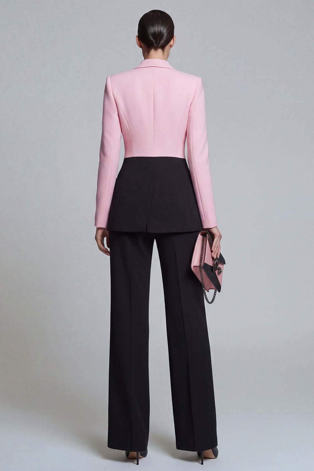 2 Piece Peak Lapel Black Pink Patchwork Single Breasted Wide Leg Business Suits