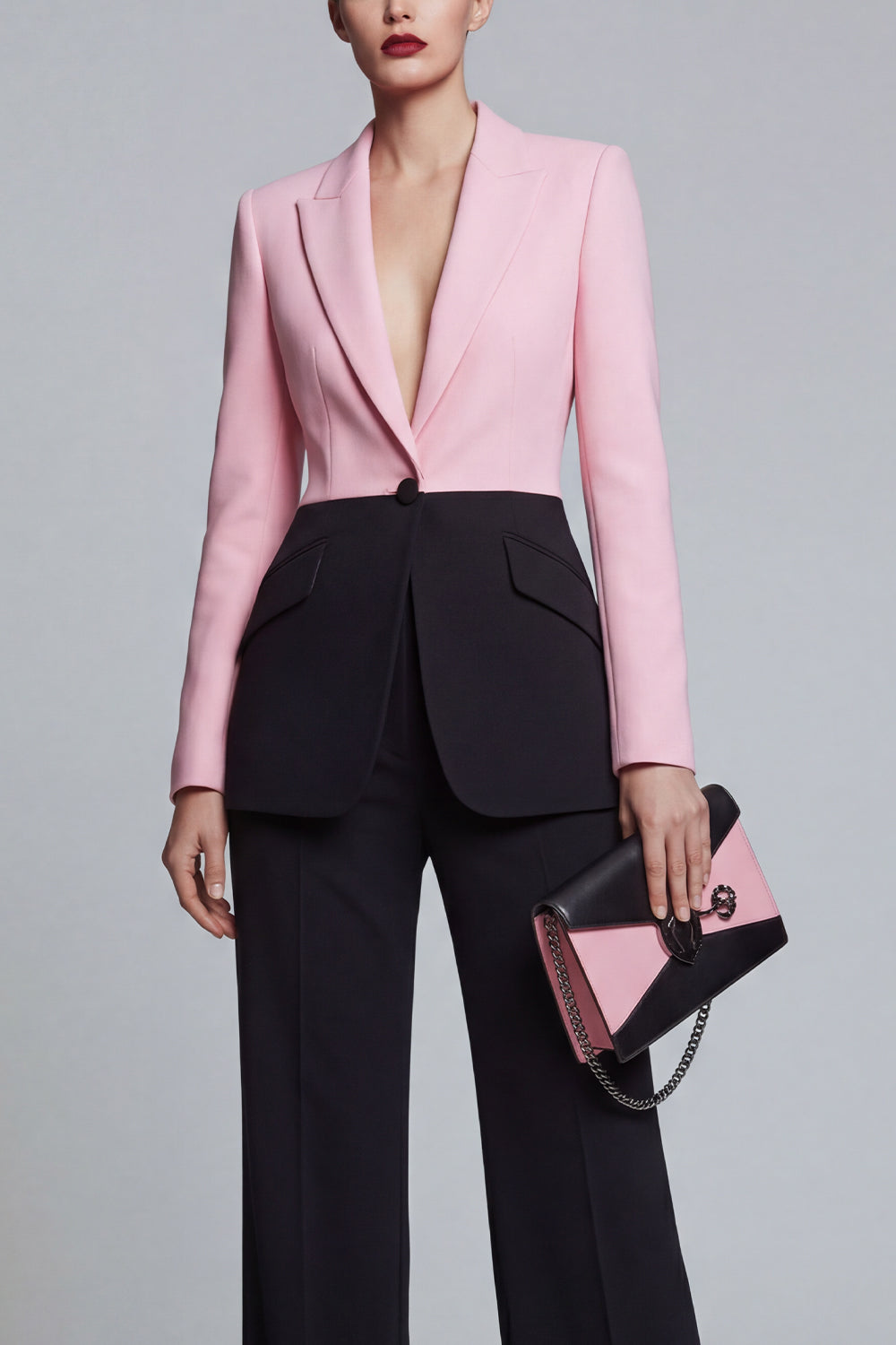 2 Piece Peak Lapel Black Pink Patchwork Single Breasted Wide Leg Business Suits
