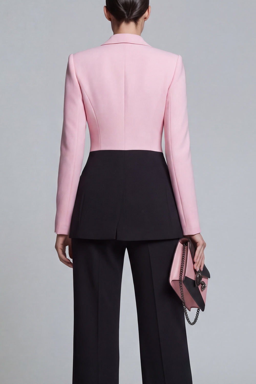 2 Piece Peak Lapel Black Pink Patchwork Single Breasted Wide Leg Business Suits