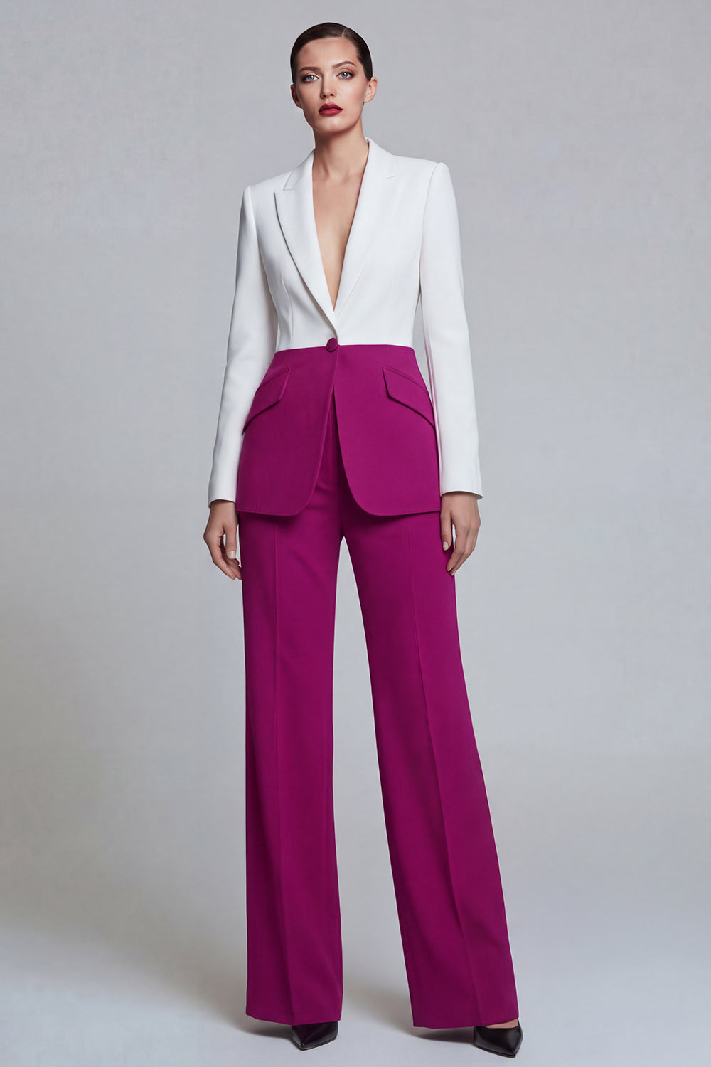 2 Piece Peak Lapel Black Pink Patchwork Single Breasted Wide Leg Business Suits