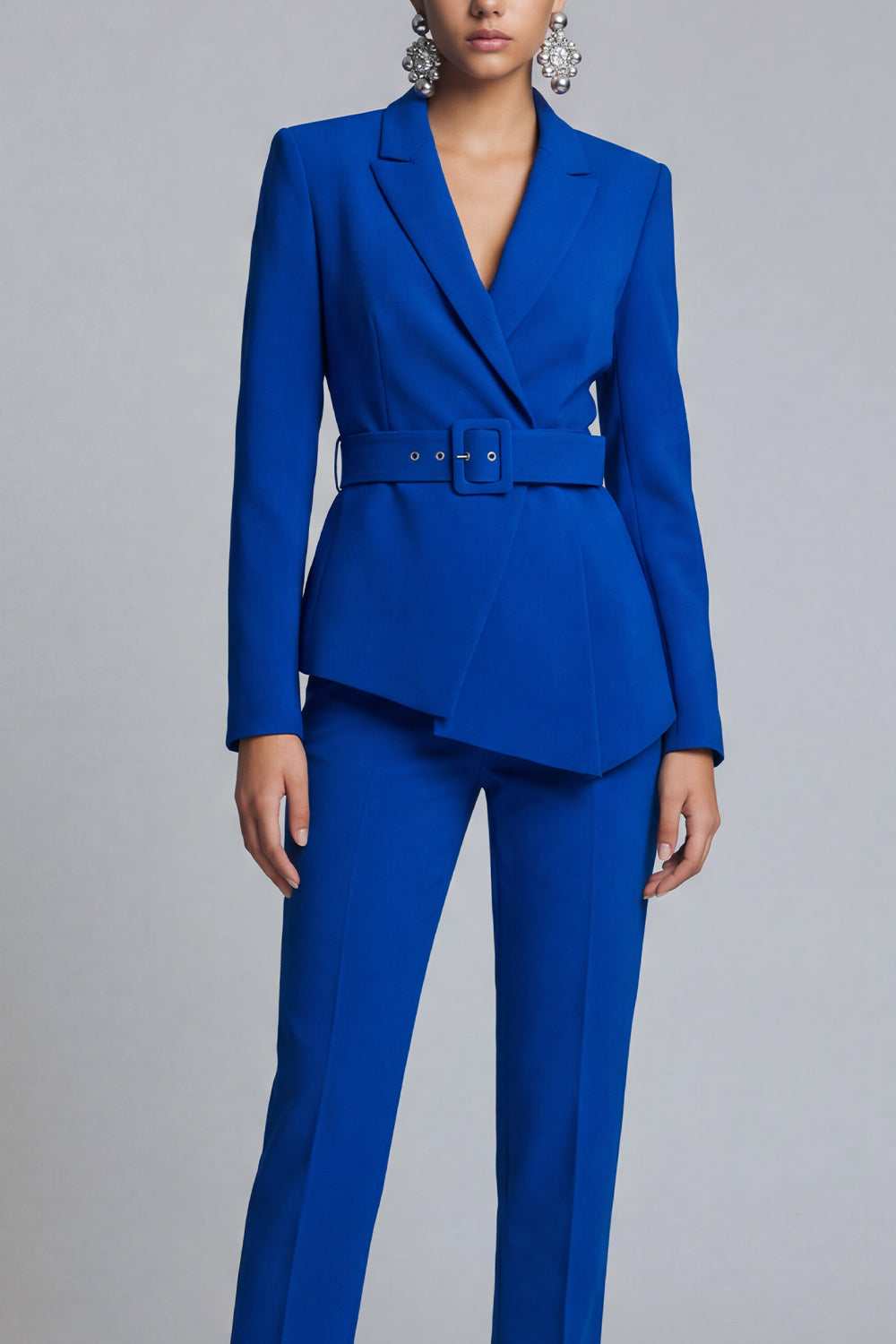 2 Piece Royal Blue Peak Lapel Long Sleeves Business Suits with Belt