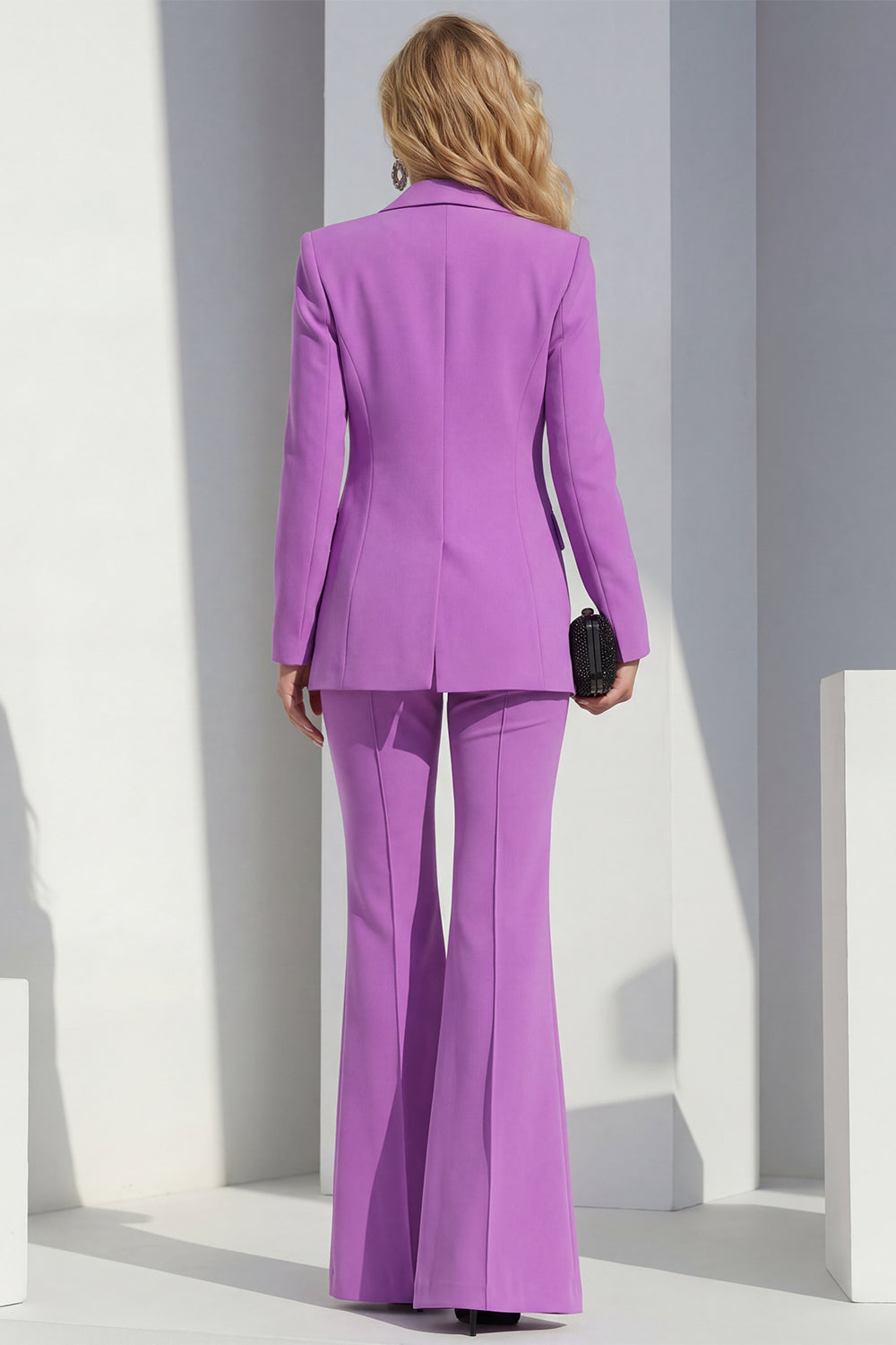Purple Shawl Lapel Long Sleeves Wide Leg 2 Piece Business Suits