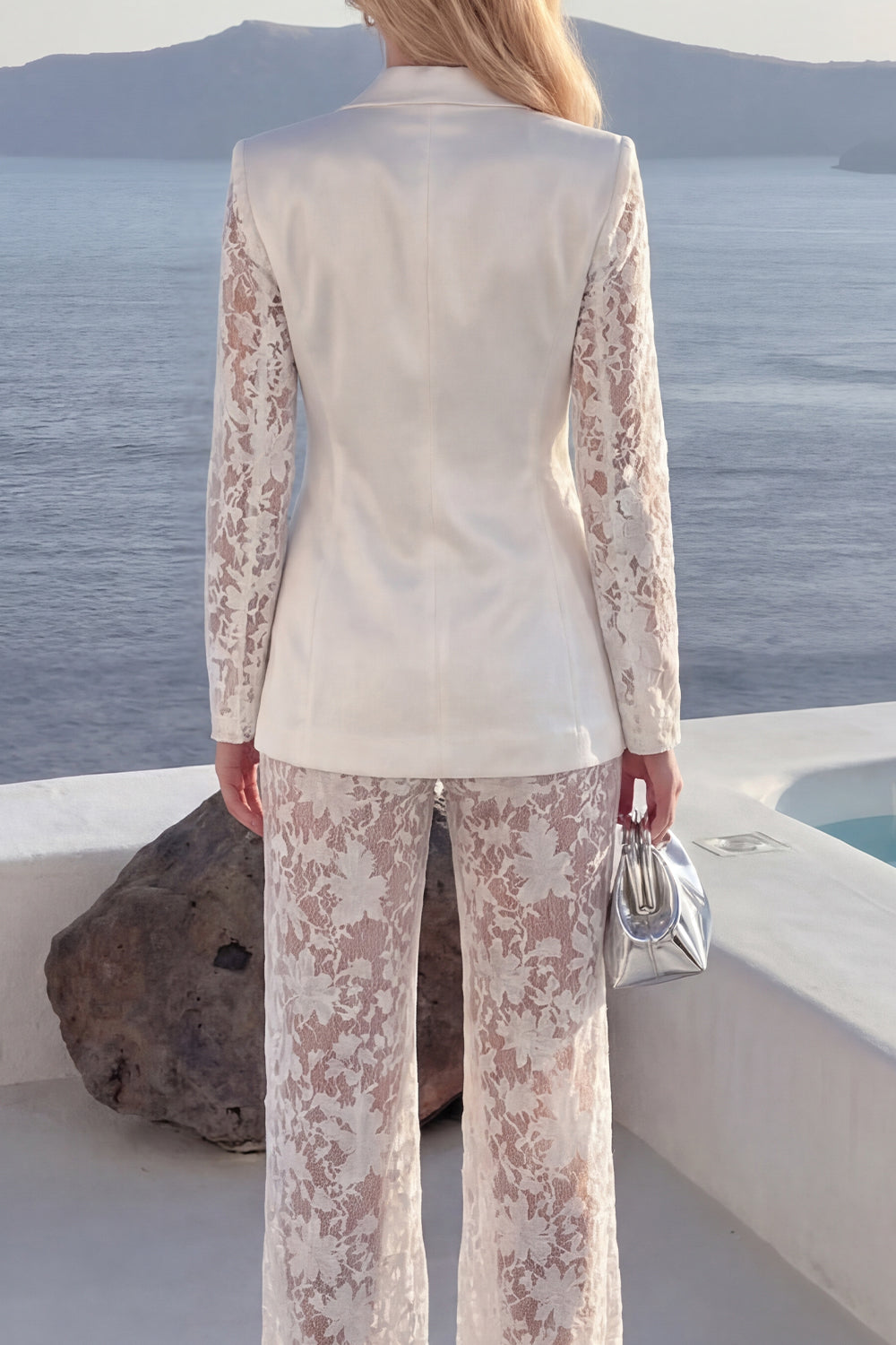 Floral 2 Piece White Lace Peak Lapel Long Sleeves Party Suits