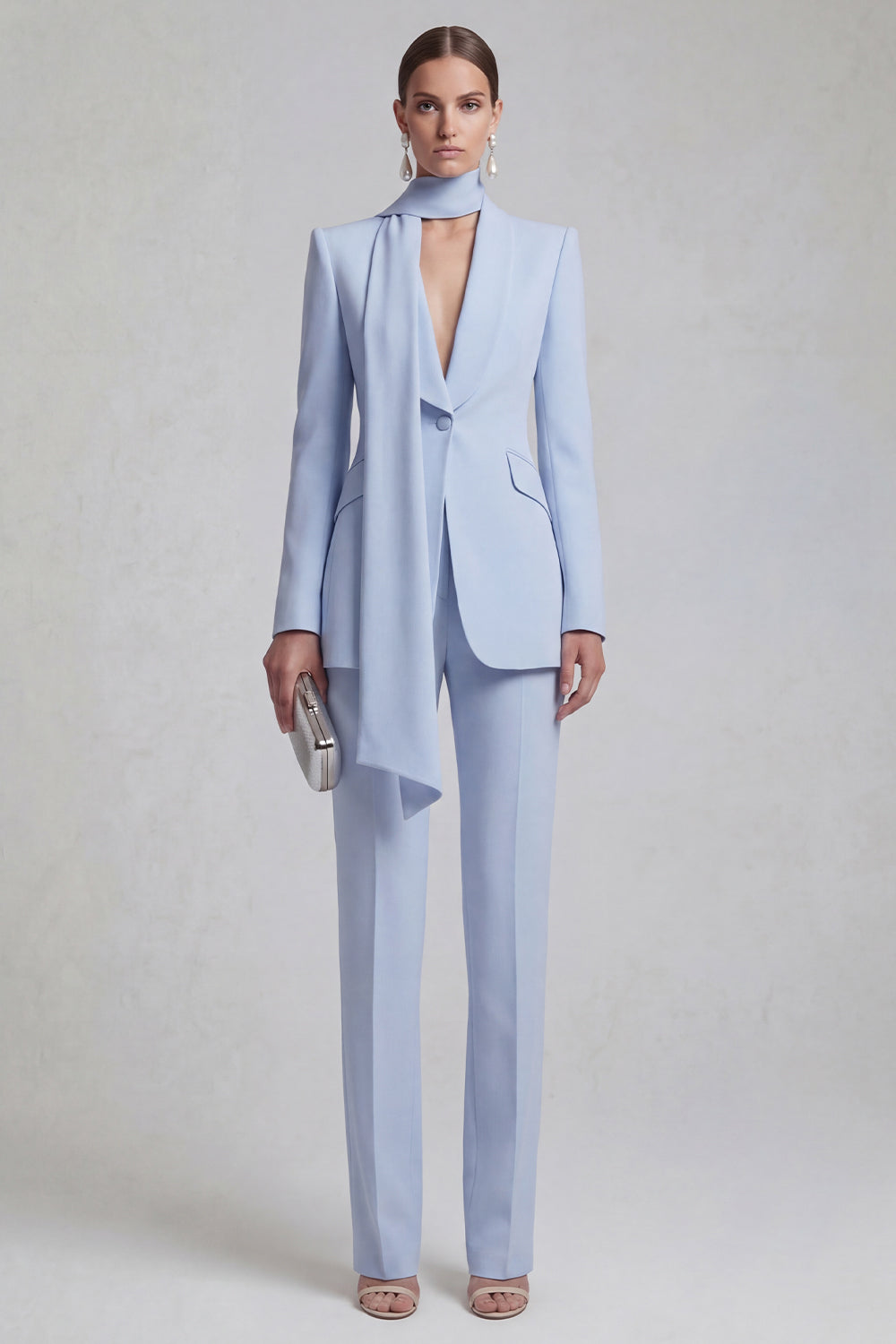 2 Piece Shawl Lapel Blue Slim Fit Neck Scarf Business Suits