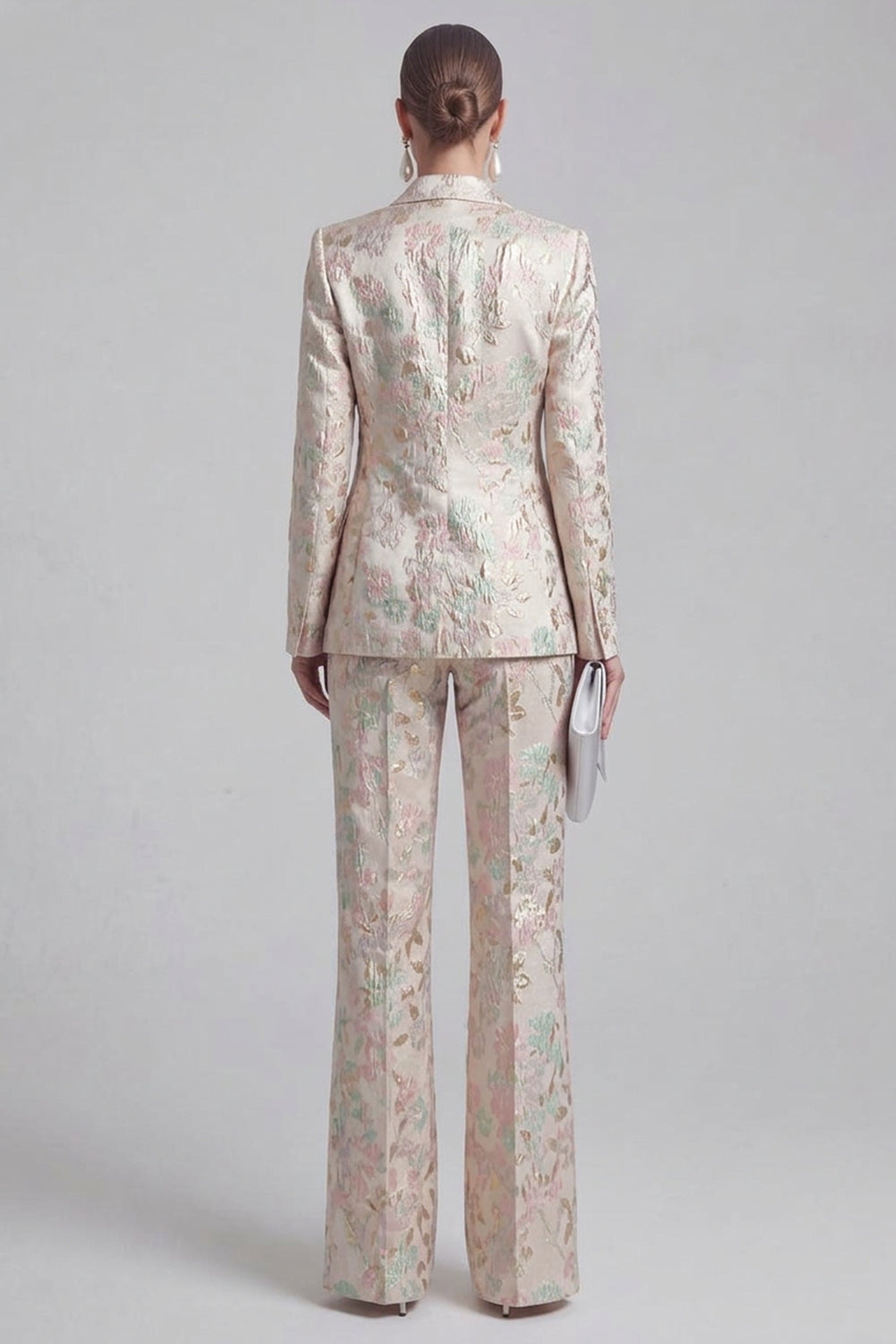 Floral 2 Piece Champagne Pink Peak Lapel Double Breasted Business Suits