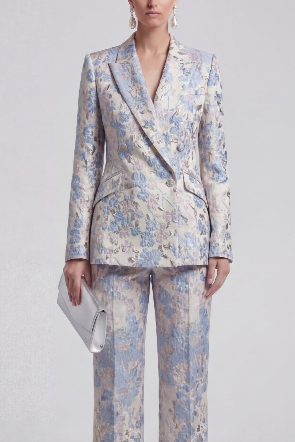 Floral 2 Piece Champagne Pink Peak Lapel Double Breasted Business Suits